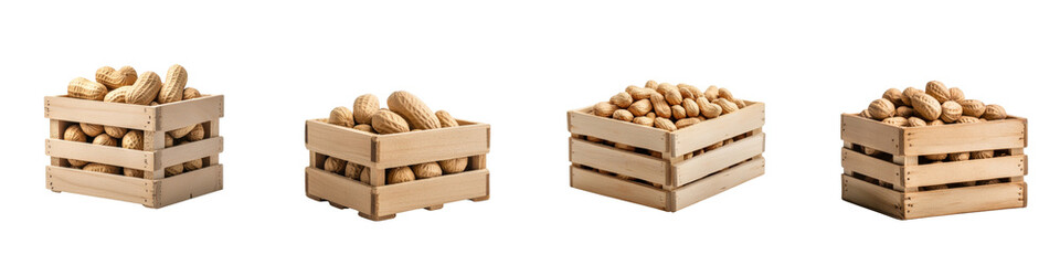 Peanuts in a wooden crate isolated on white background. Mix Collection Png.