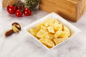 Crushed parmesan cheese in the bowl