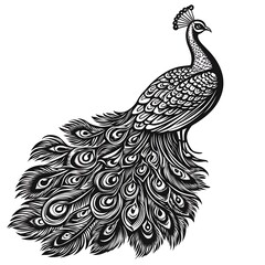 Fototapeta premium A stylized black and white illustration of a peacock with ornate feathers.