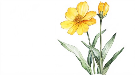 Fototapeta premium A vibrant watercolor illustration of yellow flowers with green leaves, showcasing nature's beauty and elegance.