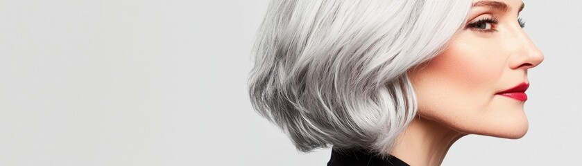 Naklejka premium Close-up of a silver-haired woman with radiant skin and a calm expression, highlighting timeless beauty for health and wellness projects