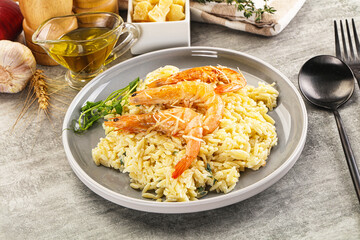 Italian pasta Orzo with prawn