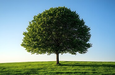 Fototapeta premium Lone Tree Stands Tall in Verdant Meadow Under Blue Sky