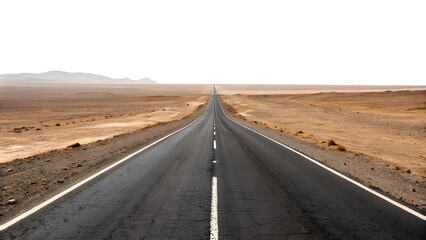 Empty road stretches through a dry desert landscape. cut out, on white background, Clipping path