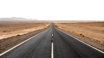 Empty road stretches through a dry desert landscape. cut out, on white background, Clipping path