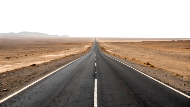 Empty road stretches through a dry desert landscape. cut out, on white background, Clipping path