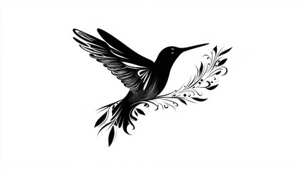Obraz premium Elegant black and white illustration of a hummingbird in flight among stylized floral designs.