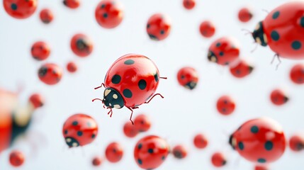 Fototapeta premium A vibrant swarm of red ladybugs with black spots flying against a soft blue background.
