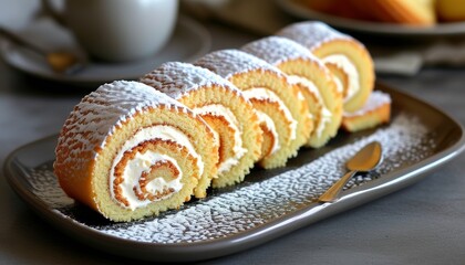Delicious Rhabarberkuchen Cake Slices on Platter with Powdered Sugar and Tea Cup in Background