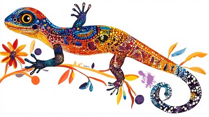 Obraz premium A vibrant and colorful illustration of a gecko adorned with intricate patterns and bright hues on a floral branch.
