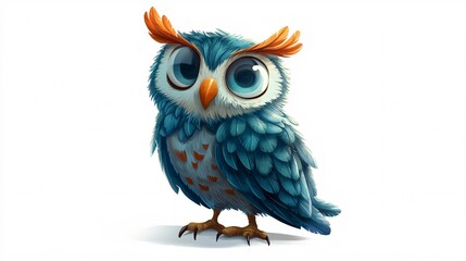 A charming cartoon-style blue owl with large eyes and vibrant feathers.