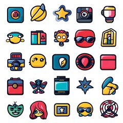 A grid of colorful, playful icons representing various themes and activities.