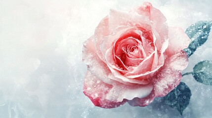 A delicate pink rose with soft petals glistening with dew, set against a dreamy, ethereal background.