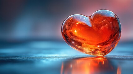Glowing amber glass heart on reflective surface.