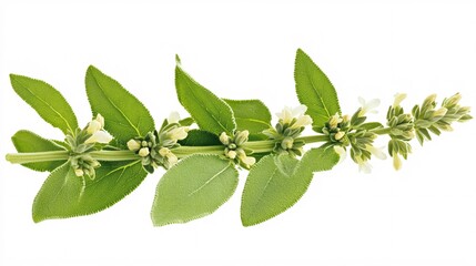 Obraz premium A close-up of fresh sage leaves and flowers, showcasing their vibrant green hues and delicate blooms.