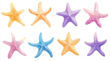 A vibrant collection of eight starfish in various colors and patterns, showcasing nature's beauty and diversity.