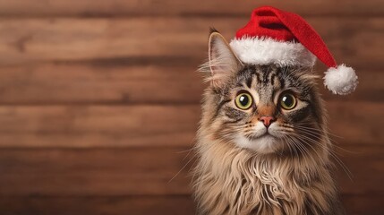 Playful Cat Dressed in Festive Santa Hat Sitting Comfortably with a Joyful Expression Capturing the Spirit of the Holiday Season and Festive Cheer