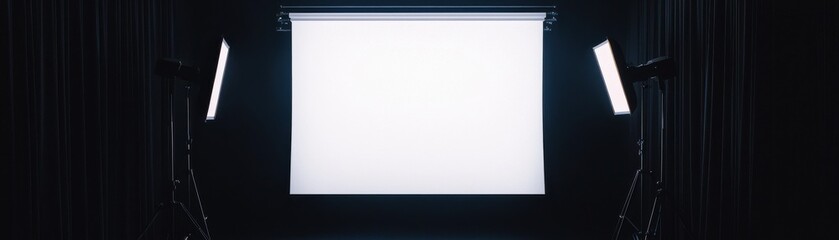 A blank white screen is illuminated by two bright lights in a dark setting, creating a dramatic contrast suited for presentations or displays.