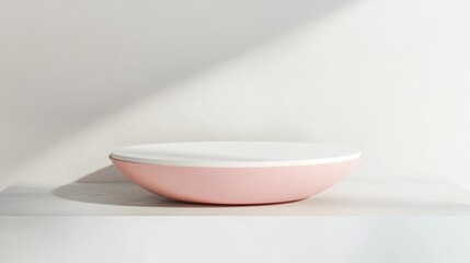 Minimalist Geometric Pink and White 3D Podium Pedestal Floating on White Background with Shadows