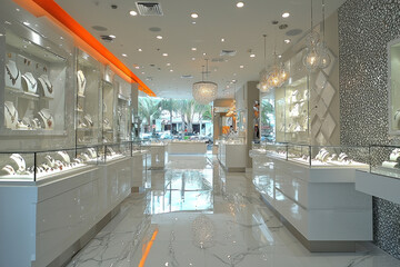 Bright, modern jewelry store interior with white display cases and elegant lighting.