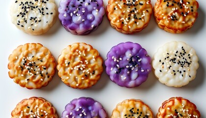 Colorful Rice Crackers Displayed in a Row with Artistic Design and Varied Toppings