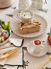 Healthy banana cake with salad. No sugar and Flour. Easy baking.Delicious dessert. Cafe menu. homemade cake. Bakery shop. Lifestyle.Scandinavian.Tasty. Gluten free. Healthy snack. Christmas decor.