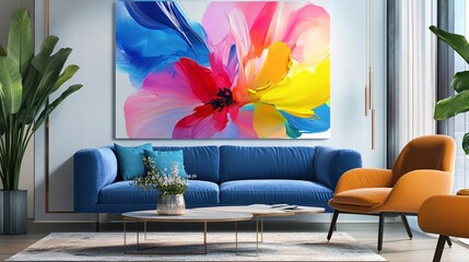 A vibrant floral painting in a modern living room featuring a blue sofa and stylish decor.