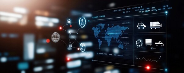 Cargo Management and Warehouse Scheduling Solutions concept. Futuristic digital interface with data visualization elements.