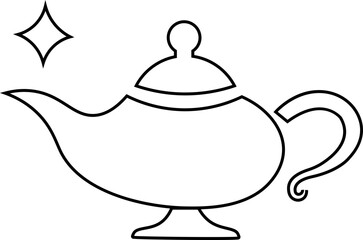 Magical Genie Lamp icon. Mystical, black line vector ornate genie lamp, radiating magic and wonder with sparkling stars. Perfect for fantasy, storytelling, and wish granting themes.