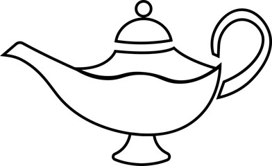 Magical Genie Lamp icon. Mystical, black line vector ornate genie lamp, radiating magic and wonder with sparkling stars. Perfect for fantasy, storytelling, and wish granting themes.
