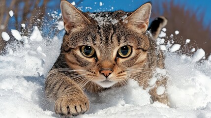 Fototapeta premium Playful Cat Joyfully Frolicking in Fresh Fallen Snow Creating a Whimsical Winter Wonderland Scene with Delightful Expressions and Energetic Movements