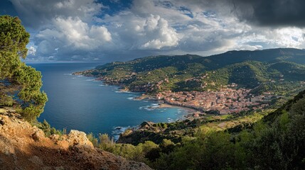 Obraz premium Coastal Town Panorama: A Breathtaking View of a Mediterranean Village Nestled Amongst Lush Hills and the Azure Sea Under a Dramatic Sky