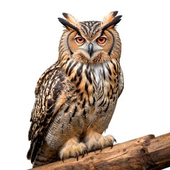 Obraz premium Indian Eagle Owl on piece of wood isolated on white background