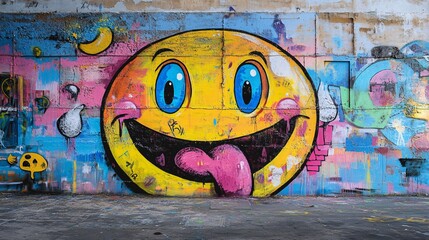 Vibrant graffiti featuring a smiling, playful yellow emoji with blue eyes on a colorful urban wall.