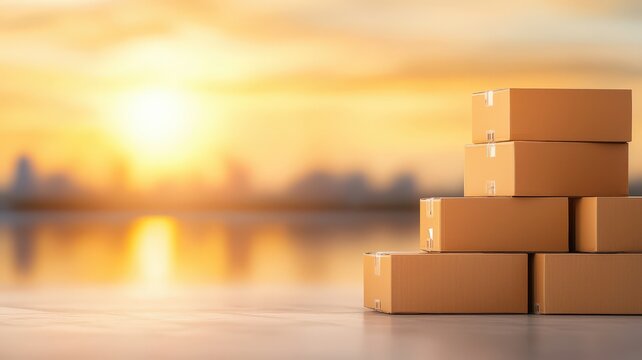Cargo Management and Warehouse Scheduling Solutions concept. Stacked boxes against a sunset background creating a warm atmosphere.
