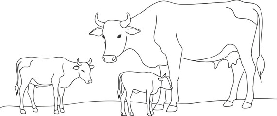 Cows on pasture in One continuous line drawing. Milk calf animal grazing symbol and beef meat farm concept in simple linear style