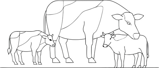 Cows on pasture in One continuous line drawing. Milk calf animal grazing symbol and beef meat farm concept in simple linear style
