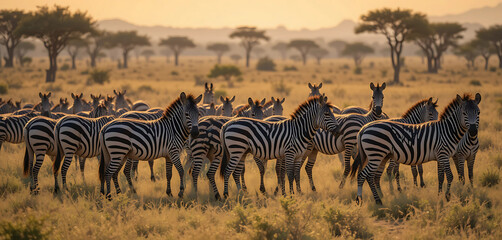 Obraz premium A Herd of Zebras Grazing on a Sunlit Savannah with Acacia Trees in the Distance