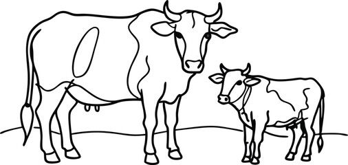 Cows on pasture in One continuous line drawing. Milk calf animal grazing symbol and beef meat farm concept in simple linear style