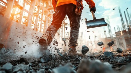 Create a hero image for a marketing agency focused on the construction industry. Show a close-up of a construction worker on a busy building site
