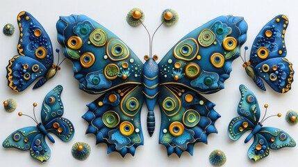 Fototapeta premium Intricate blue and gold butterflies, handcrafted, detailed wings, artistic design, decorative, symmetrical, ornate, vibrant colors.