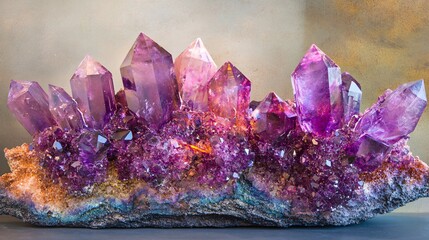 A stunning cluster of amethyst crystals showcasing vibrant purple hues and shimmering facets.