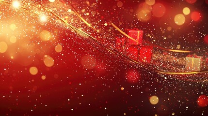 Design a dynamic and abstract Christmas background with a vibrant red color theme. The scene features cascading shimmering particles 