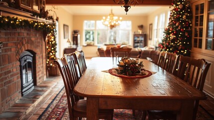 Festive dining room, Christmas decor, fireplace, holiday gathering