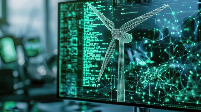 digital representative of a wind turbine, outlined in a CAD, accompanied by numbers printed on a monitor, greenish colour palette