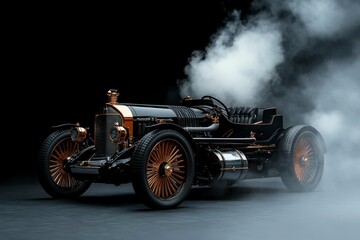 Vintage racing car exudes elegance and power amidst billowing smoke in a dramatic showcase of automotive history. Generative AI