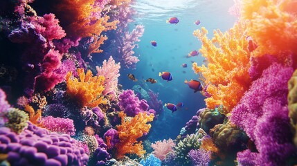 Vibrant underwater scene showcasing colorful coral reefs and tropical fish in a serene ocean environment.