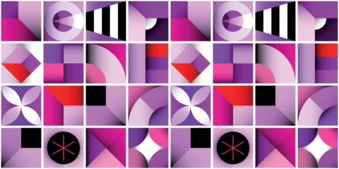 Purple, red and pink tileable vector background of square decorative elements, placed at equal distances at each other. Abstract geometric shapes with a 3D effect, created using gradient.