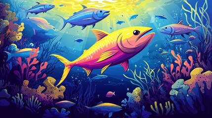 A vibrant underwater scene featuring a large, colorful yellow fish amidst various species in a lively coral reef.