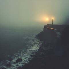 Fototapeta premium Misty Coastline: Enigmatic Ocean Cliff at Dusk